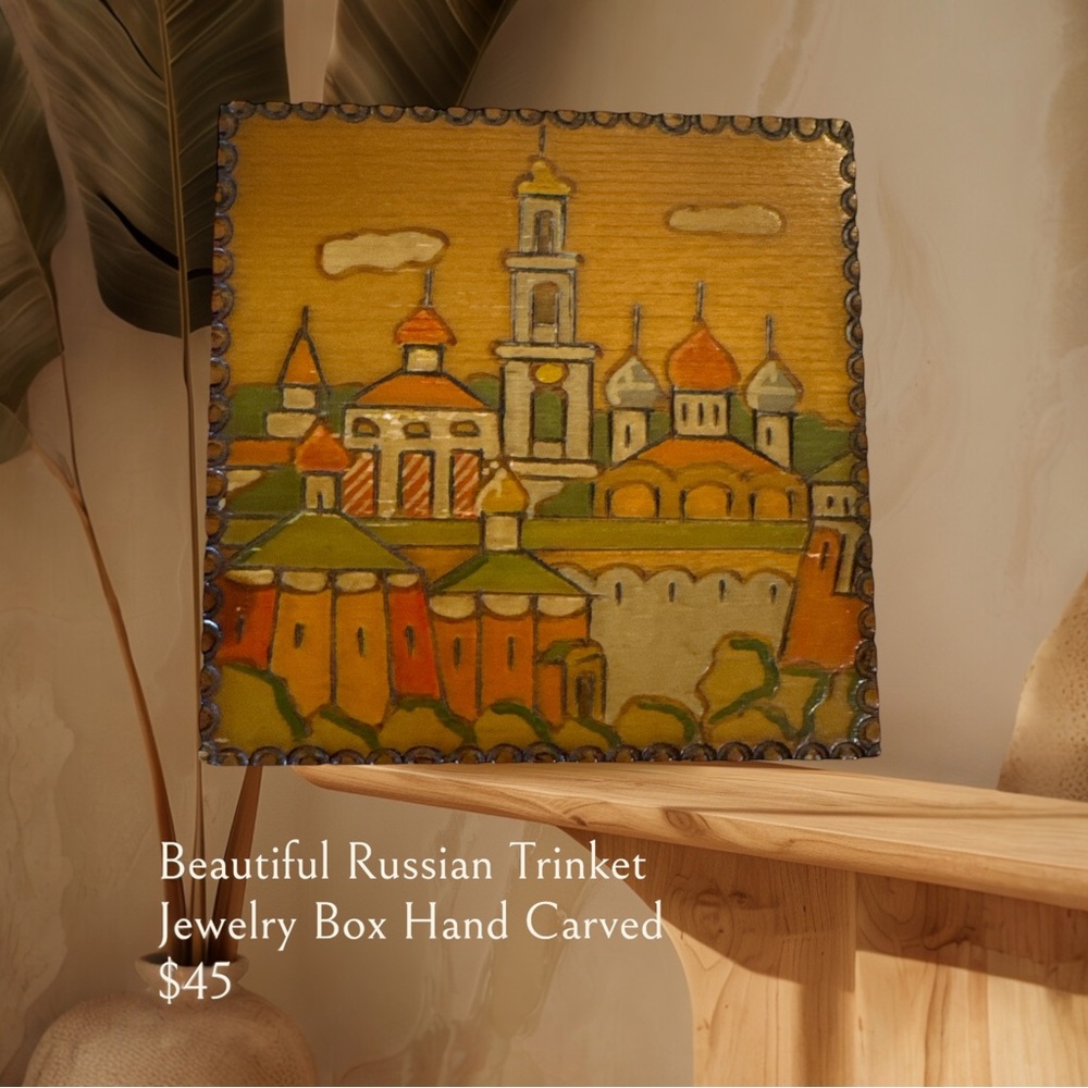 Russian Wood Box Town Scene done in Pyrography Vintage